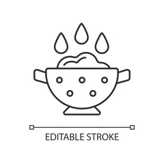 Rinse cooking ingredient linear icon. Wash rice on bowl with holes. Soaking product. Thin line customizable illustration. Contour symbol. Vector isolated outline drawing. Editable stroke
