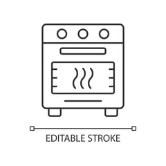 Bake in oven linear icon. Domestic cooker. Roasting meal in household stove. Cooking instruction. Thin line customizable illustration. Contour symbol. Vector isolated outline drawing. Editable stroke
