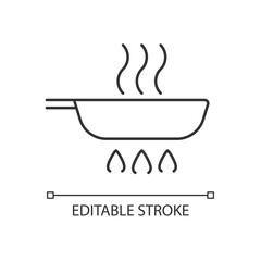 Fry pan linear icon. Roasting ingredients for dinner on stove flame. Cooking instruction. Thin line customizable illustration. Contour symbol. Vector isolated outline drawing. Editable stroke
