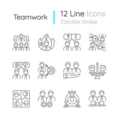 Teamwork related linear icons set. Common goals and its achievement. Team members coordination. Customizable thin line contour symbols. Isolated vector outline illustrations. Editable stroke