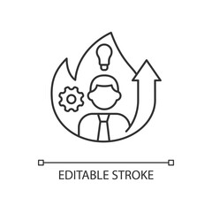 Increased motivation linear icon. Willingness for career raise. Bulb, gear and man. Thin line customizable illustration. Contour symbol. Vector isolated outline drawing. Editable stroke
