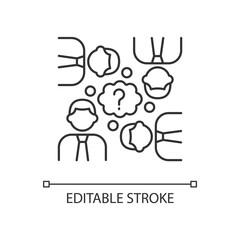 Collective thinking linear icon. People and question mark. Sharing ideas in group. Thin line customizable illustration. Contour symbol. Vector isolated outline drawing. Editable stroke