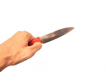hand holding knife on white background