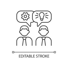 Brainstorming linear icon. Generating ideas in team. Idea creation method for group of people. Thin line customizable illustration. Contour symbol. Vector isolated outline drawing. Editable stroke