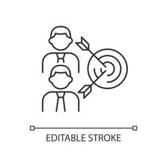 Common goal linear icon. Colleagues aim towards common goal. Two men and arrows. Thin line customizable illustration. Contour symbol. Vector isolated outline drawing. Editable stroke