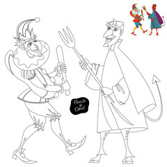 Traditional puppet show featuring Mr. Punch. Punch and the Devil. Coloring page.