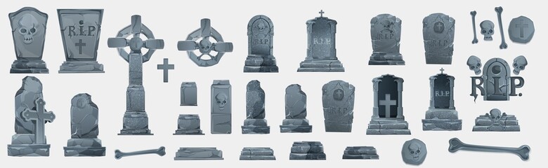 Gravestones set. Old Tomb Collection. Ancient RIP. Collection of gravestones. Concept cartoon gravestone in different. Halloween elements set. Grave on white background - obrazy, fototapety, plakaty