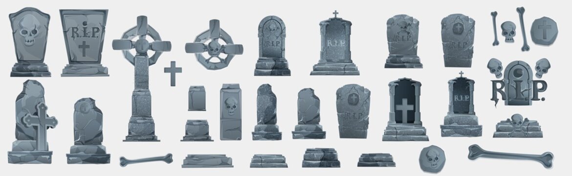 Gravestones set. Old Tomb Collection. Ancient RIP. Collection of gravestones. Concept cartoon gravestone in different. Halloween elements set. Grave on white background