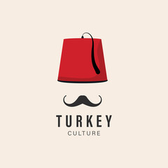 Red turkish culture hat fez and black mustache vector isolated turkish symbols logo inspiration concept. vector illustration