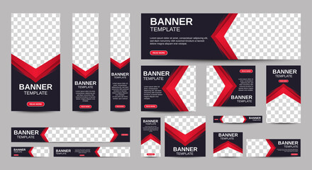 Black and red Banner templates set with standard size for web. Business banner with place for photos for Social Media, Cover ads banner, flyer, invitation card. Vector EPS 10