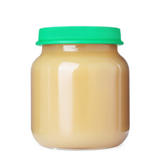 Baby food in glass jar on white background