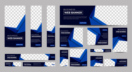 Gradient Blue Banner templates set with standard size for web. Business banner with place for photos for Social Media, Cover ads banner, flyer, invitation card. Vector EPS 10