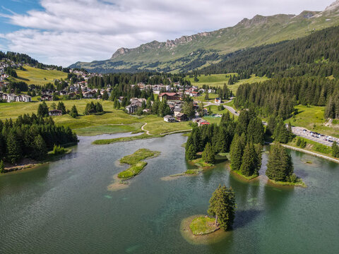 Drone view of the lake at Valbella in the Swiss alps