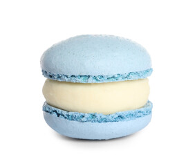 Light blue macaron on white background. Delicious dessert