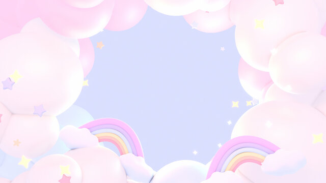 Pastel rainbow clouds and stars sky. 3d rendered picture.