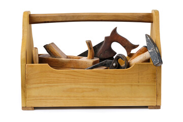 Wooden toolbox with tools isolated on white.