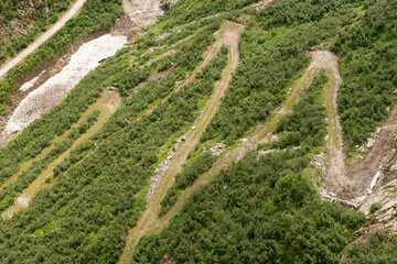 Winding mountain path top view. Walking path for the descent