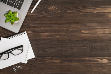 Top view photo of flowerpot on laptop white pen clips and spectacles on two white diaries on isolated dark wooden table background with empty space