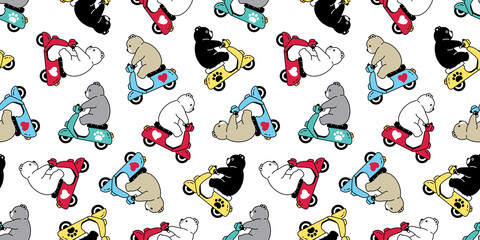 Bear seamless pattern polar bear vector riding bike paw heart cartoon motorcycle doodle tile wallpaper repeat background illustration color design