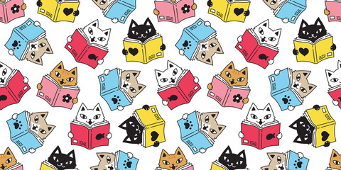 Obraz premium cat seamless pattern kitten vector calico reading book pet repeat background scarf isolated cartoon doodle animal tile wallpaper illustration design