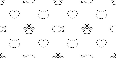 cat seamless pattern paw footprint valentine heart vector dog kitten head cartoon dash line scarf isolated repeat wallpaper tile background doodle illustration design