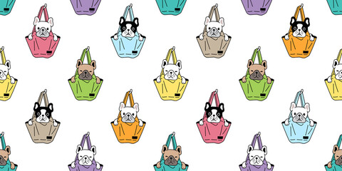 dog seamless pattern french bulldog shopping bag vector pet puppy breed cartoon repeat wallpaper tile background scarf isolated doodle illustration design - obrazy, fototapety, plakaty