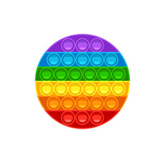 Round pop it icon. Trendy anti-stress game for kids and adults. Hand toy with push bubbles in rainbow colors. Vector illustration isolated on white background.