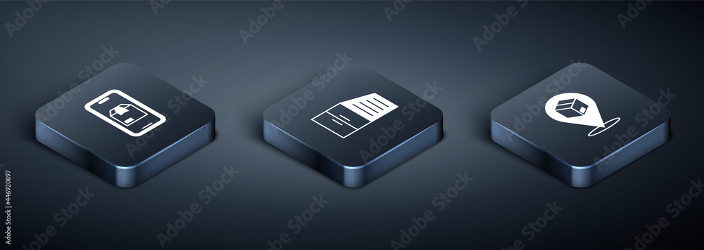 Aufkleber set isometric mobile app delivery tracking, location with cardboard box and container icon. vector