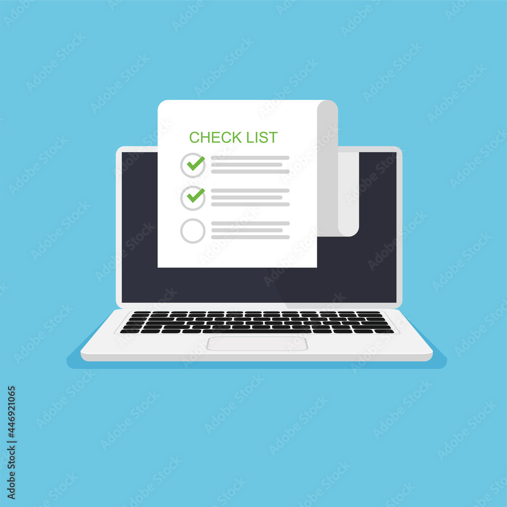 Poster check mark on the pages on laptop monitor. to do list concept. vector illustration in trendy flat st
