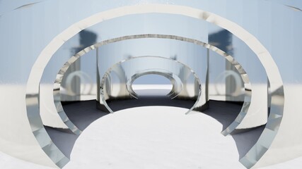 Fototapeta premium Interior architecture background metal walls with round openings 3d render