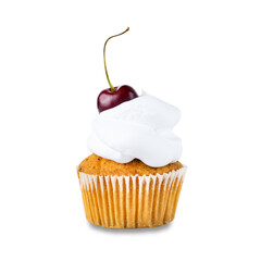 Cupcake with fresh cherry and white whipped cream isolated on white background