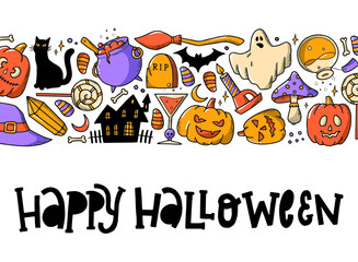 Happy Halloween hand lettering quote decorated with border of sketched doodles. Good for cards, banners, posters, prints, invitations, templates, etc. EPS 10