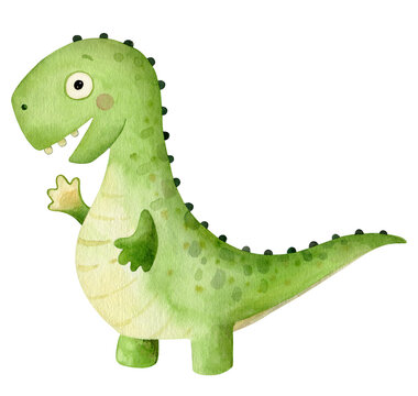 Green dinosaur. Cartoon tyrannosaur. Watercolor illustration isolated on white.