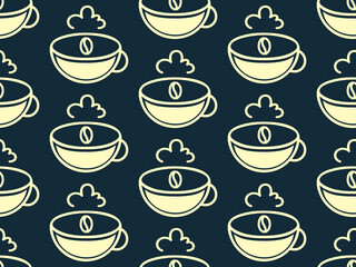 Coffee cup, beans seamless pattern. Outline icons style design, cream color. Black berry editable color background. Vector