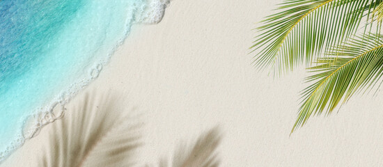 Tropical beach background with sea waves, white sand, palm tree and shadows - summer holiday background. Travel and beach vacation, copy space for text.