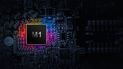 M1 processor chip. Network digital technology with computer cpu chip on dark motherboard background. Protect personal data and privacy from hacker cyberattack.