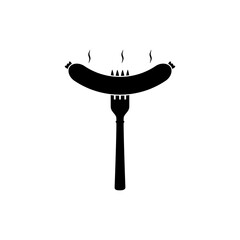 Fried sausage and fork. Food theme. Isolated vector illustration drawing on a blank background. Black and white silhouette.