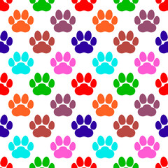 Fototapeta na wymiar Сolorful paw print background. Seamless repeating pattern. Cat or dog footprints different colors. Vector illustration on white background. 