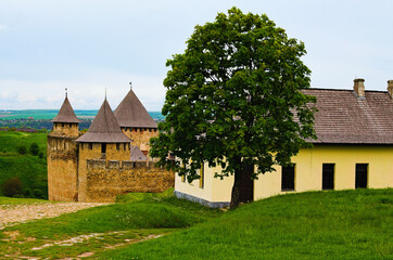 Fototapeta na wymiar Scenic landscape of old cobblestone way to the ancient fortress. Massive stone walls and high towers with wooden roofs. Blue sky background. Famous touristic place and travel destination in Ukraine