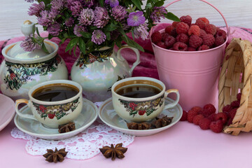 Raspberries, coffee and clover.