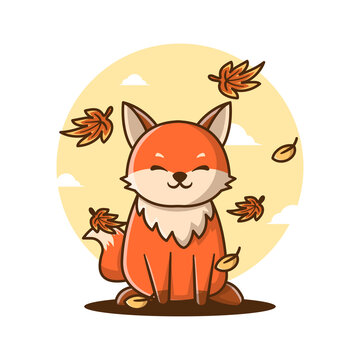 Cute Cartoon Vector Illustrations Fox in Autumn. Autumn Day Icon Concept