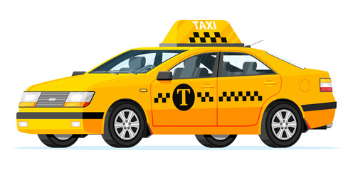 Naklejka na ściany i meble Taxi Car Isolated on White Background. Yellow Taxi Sedan Cab Icon. Call or App Taxi Concept. City Transport Service. Urban Transportation Concept. Cartoon Flat Vector Illustration