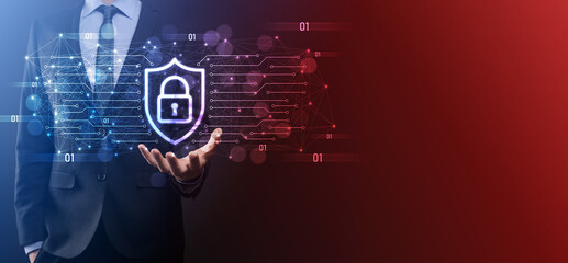 Protection network security computer and safe your data concept, Businessman holding shield protect icon. lock symbol, concept about security, cybersecurity and protection against dangers