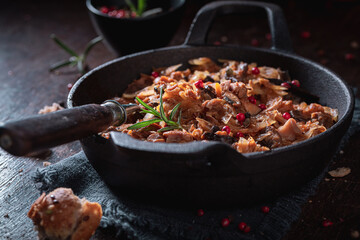 Spicy stewed cabbage and meat with beef and sauerkraut
