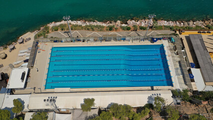 Aerial drone photo of large pool in tropical exotic destination by the sea