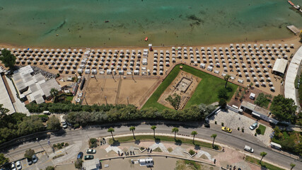 Aerial drone photo of famous celebrity sandy beach of Astir or Asteras in south Athens riviera with...