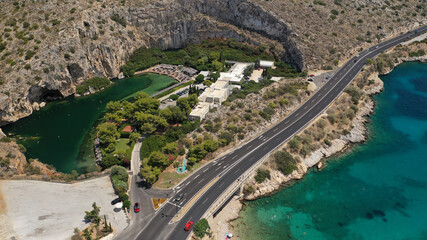 Aerial drone, photo from volcanic lake Vouliagmeni meaning 