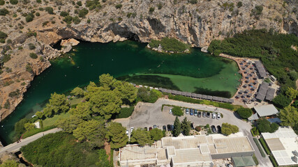 Aerial drone, photo from volcanic lake Vouliagmeni meaning 