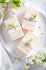 Handmade lilac soap good for skin. White aromatic soap.