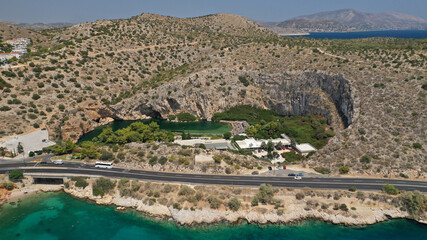 Aerial drone, photo from volcanic lake Vouliagmeni meaning 